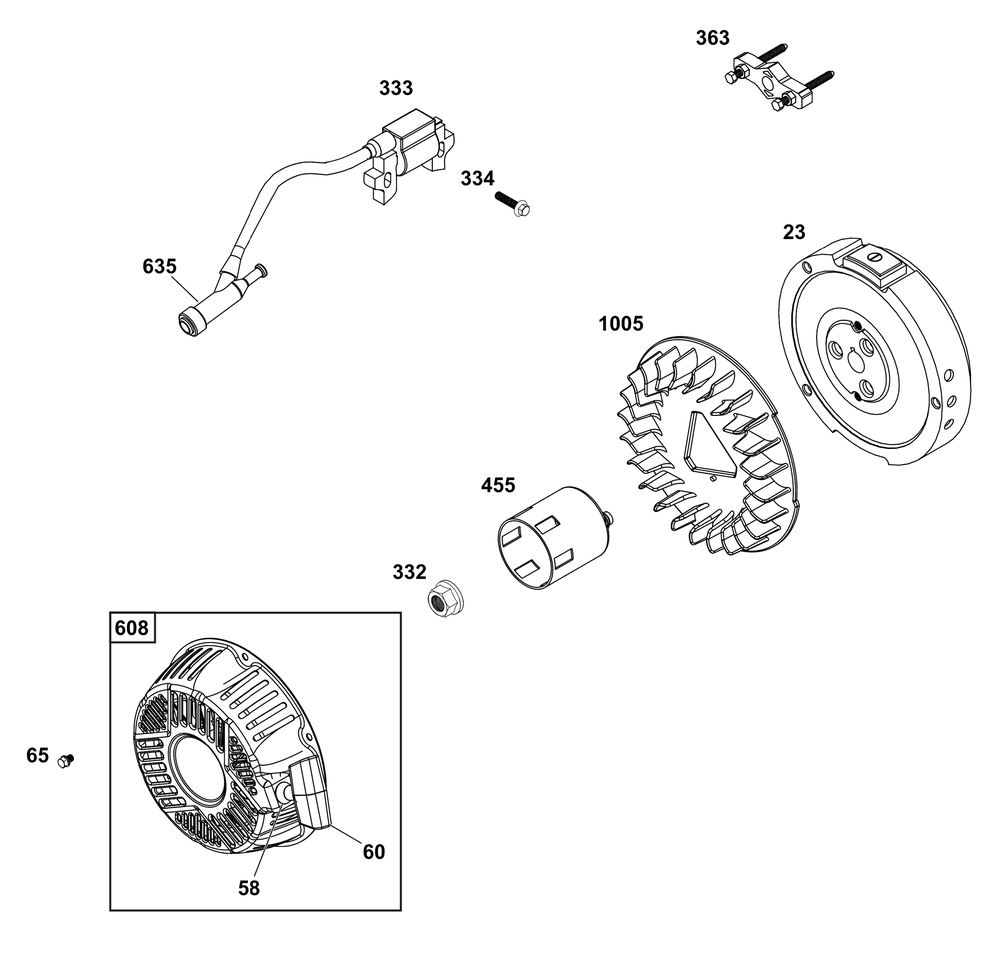 Flywheel, Ignition, And Starter Group Diagram and Parts List for 19N332-0001-H7 100000 - 19Z999 Briggs and Stratton Engine